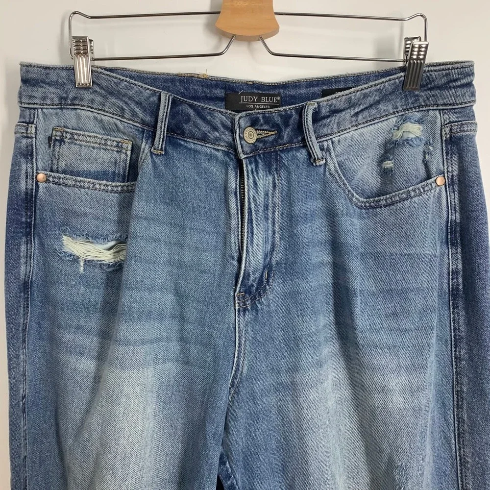 Judy Blue Womens Straight Distressed Jeans High Rise Straight Leg Raw Hem SZ 14W